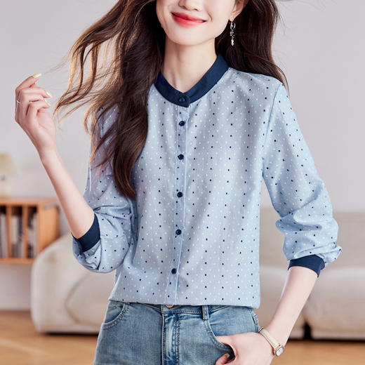 KQL 369H9806韩版设计感拼色圆点长袖衬衫女减龄 商品图1