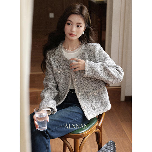 鹿向南「米莲栗绒」法式小香风灰色短外套女秋小个子气质显瘦上衣 商品图4