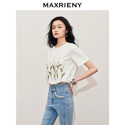 MAXRIENY文艺雏菊绣花钉珠短袖T恤2025夏季新款修身显瘦截短上衣(货号:MS85TS017) 商品图2