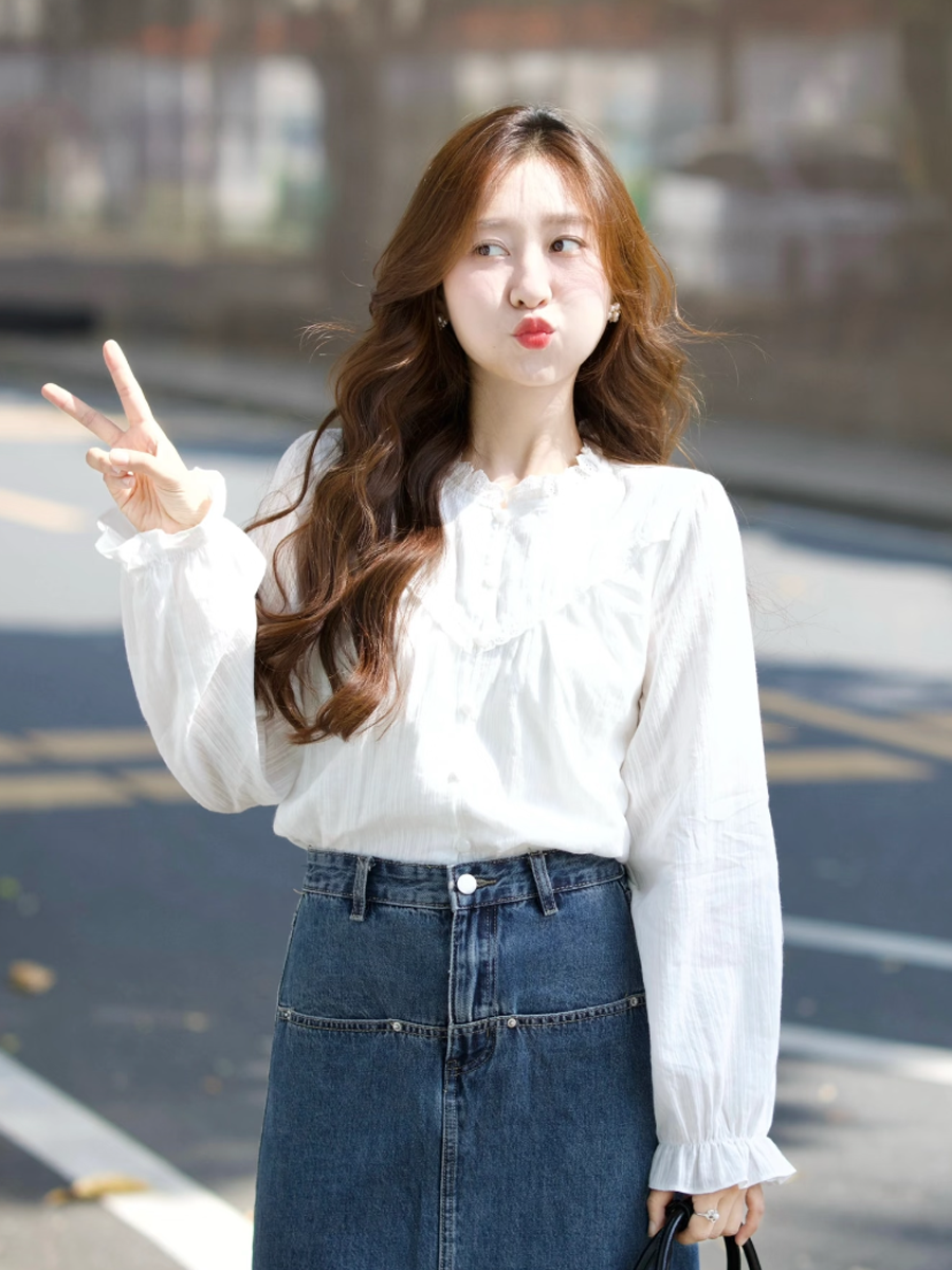 【百图lulu定制】【千金衬衫】木耳边 花瓣袖 V领蕾丝 长袖衬衫