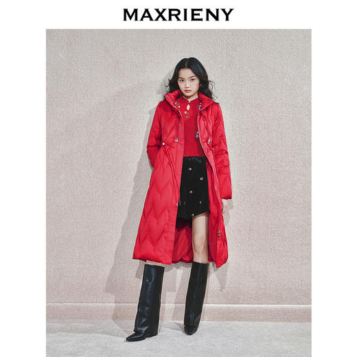 MAXRIENY冬季长款羽绒服加厚女士毛领纯色修身中长款红色(货号:MS85DC755) 商品图1