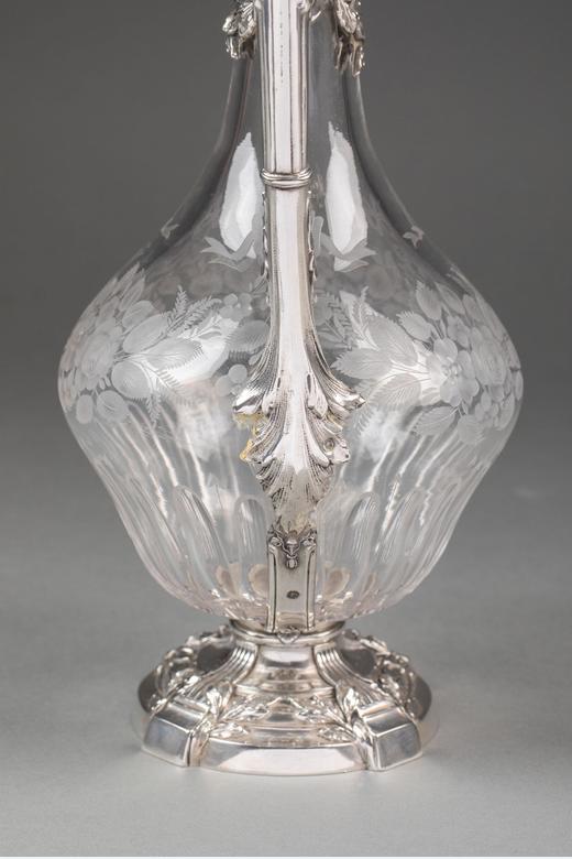 独角鹿西洋古董19世纪法国出品路易十五风格古典卷叶纹纯银精雕镶嵌花卉主题蚀刻水晶单耳酒壶 商品图5