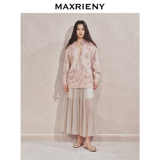 【宫廷巴洛克-商场同款】MAXRIENY浪漫复古感粉玫瑰印花毛衫外套(货号:MC85JA545) 商品图1
