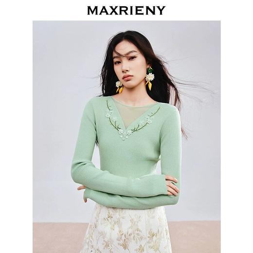 MAXRIENY精致优雅感套头针织毛衫浅春系穿搭V领绣花上衣修身显瘦(货号:MS85SW780) 商品图1