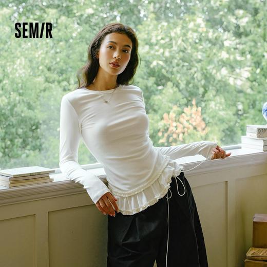 森马长袖T恤女纯色木耳边气质紧身冬2025新款荷叶边上衣简约甜美 商品图0