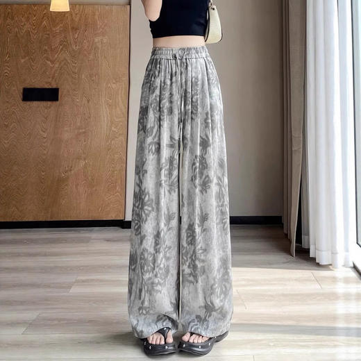 【清爽出街！回头率爆棚】垂感十足，复古印花青瓷花冰凉丝亚麻阔腿裤女夏季薄款宽松防蚊裤大码直筒休闲裤。rb 商品图2