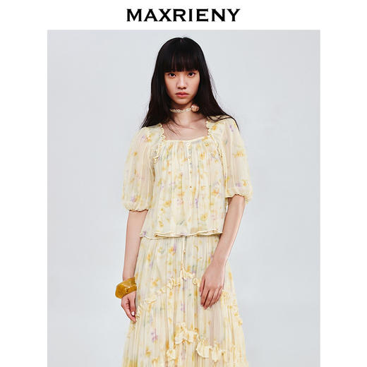 MAXRIENY25年夏季新款日落繁花宫廷风灯笼袖显瘦印花甜美上衣(货号:MF86TP269) 商品图1