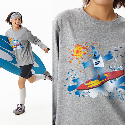 CryingCenter 泪仔冲浪插画 圆领中花灰长袖休闲百搭T恤 哭喊中心 商品图3
