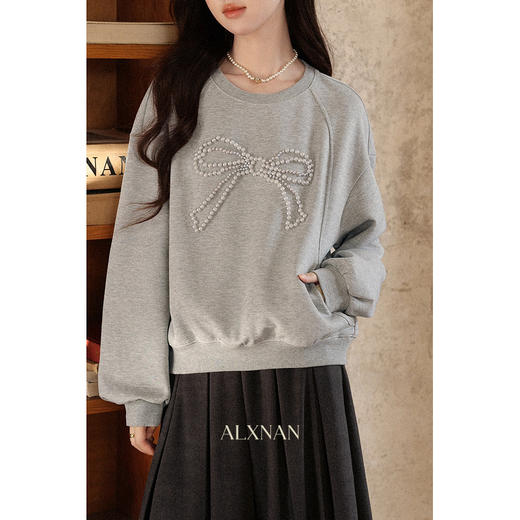 【6折秒杀】鹿向南「盐渍樱花糖」灰色蝴蝶结圆领长袖卫衣宽松显瘦上衣女早秋 商品图2