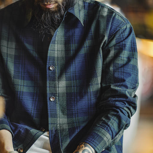 马登工装美式复古蓝绿色格子衬衫外套纯棉肌理感长袖薄款衬衣男秋 商品图0