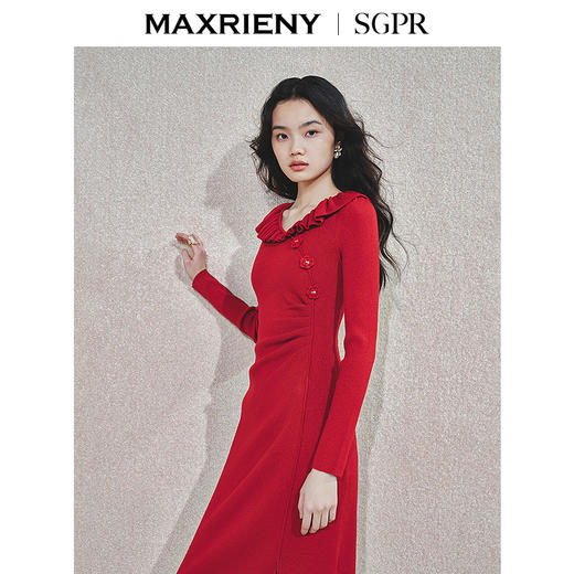 【商场同款-新年红系列】MAXRIENY优雅复古感连衣裙针织红色裙子(货号:MS85DR759) 商品图2