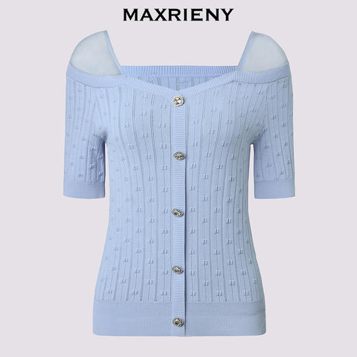 MAXRIENYMAXRIENY25年夏季新款海盐蓝曲珠针织衫伪一字肩上衣显白(货号:MF86SW003) 商品图1