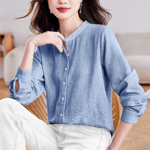 KQL 369H9807银丝仿麻长袖单排扣立领宽松显瘦纯色衬衫 商品图0