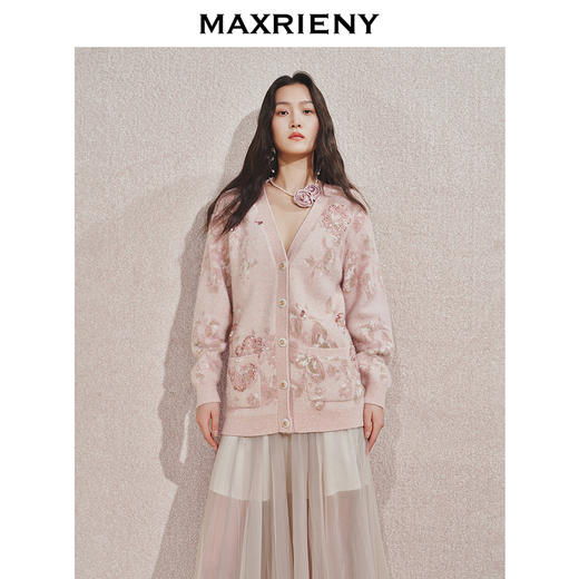 【宫廷巴洛克-商场同款】MAXRIENY浪漫复古感粉玫瑰印花毛衫外套(货号:MC85JA545) 商品图2