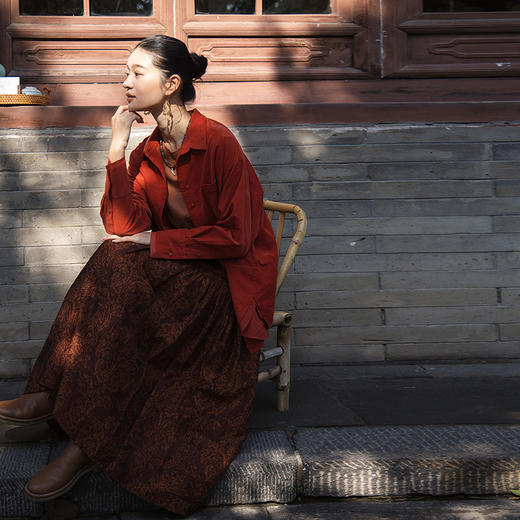 绽放旅行女装561朵/亚麻棉提花重工大裙摆复古文艺双层半身长裙女 商品图3