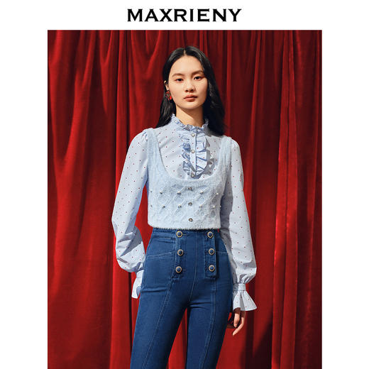 MAXRIENYMAXRIENY复古宫廷感植绒波点衬衫修身上衣(货号:MC88TP765) 商品图1