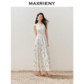 MAXRIENY【商场同款】法式城市度假风绑带精致深V高级碎花连衣裙(货号:MC85DR084)