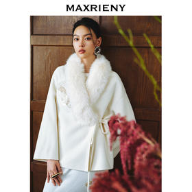 MAXRIENY贵雅新中式绵羊毛大衣24年冬新款刺绣廓形大毛领外套澳毛(货号:MS85CT759)