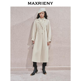 MAXRIENY极简绵羊毛大衣收腰藏肉24冬新款女装廓形毛呢过膝中长款(货号:MS85CT506)