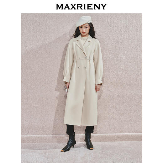 MAXRIENY极简绵羊毛大衣收腰藏肉24冬新款女装廓形毛呢过膝中长款(货号:MS85CT506) 商品图0