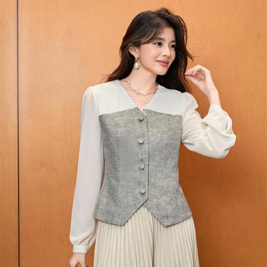 「自」全新升级【铂金会员192/天猫259/差价67】(00808)洛诗琳法式小香风长袖衬衫2025秋季气质假两件V领雪纺上衣 商品图1