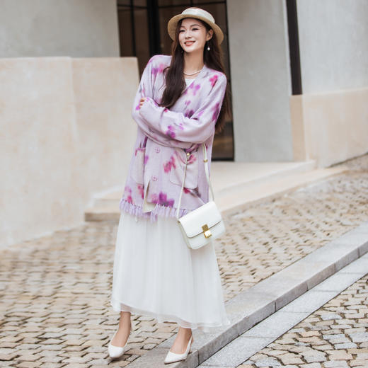 【林栖设计小店】木槿紫听风系列印花毛织外套羊驼毛流苏宽松显瘦2025秋冬新款开衫毛衣女1954078 商品图3