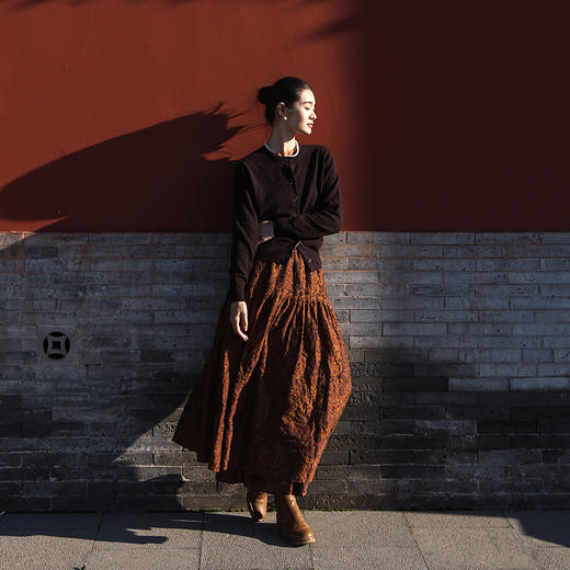 绽放旅行女装561朵/亚麻棉提花重工大裙摆复古文艺双层半身长裙女 商品图2