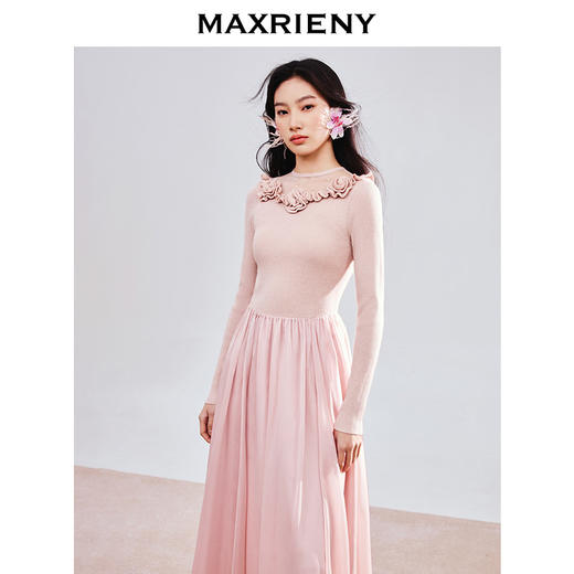 MAXRIENY春日复古优雅浪漫温柔风2025春季新款玫瑰网纱装饰连衣裙(货号:MS85DR774) 商品图1