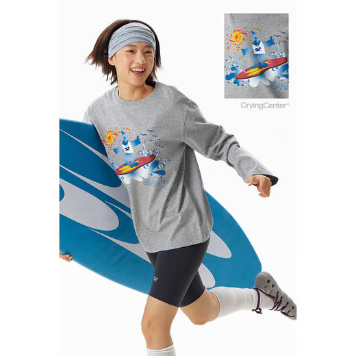 CryingCenter 泪仔冲浪插画 圆领中花灰长袖休闲百搭T恤 哭喊中心 商品图1