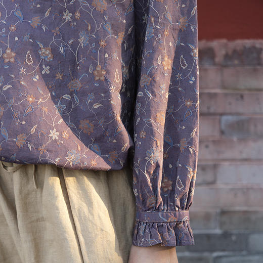 绽放女装567朵/纯棉纹样提花设计感木耳边抽绳长袖衬衫女秋冬新款 商品图3