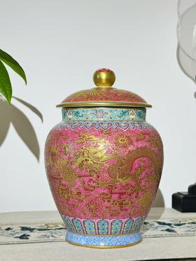 胭脂红扒花描金龙凤茶叶罐