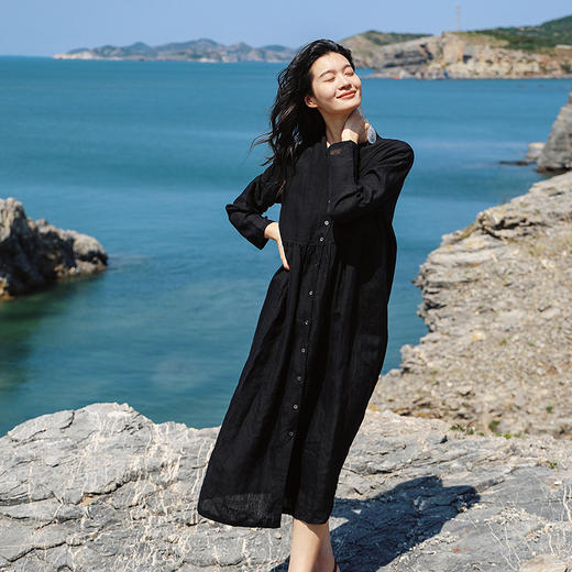 绽放旅行女装463朵/亚麻宽松V领气质文艺开襟长袖连衣裙女秋新款 商品图2