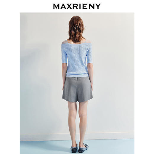 MAXRIENYMAXRIENY25年夏季新款海盐蓝曲珠针织衫伪一字肩上衣显白(货号:MF86SW003) 商品图2