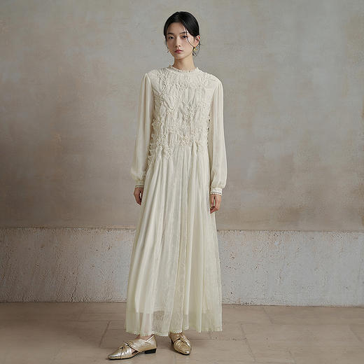 【林栖设计小店】纯白系列绵羊蕾丝连衣裙拼桑蚕丝优雅花边肌理感2025秋冬新款长裙女1954036 商品图1