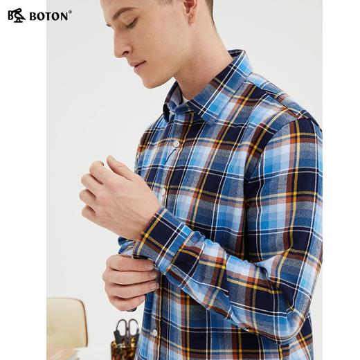 波顿男士春秋厚磨毛黄蓝色格子长袖衬衫MS633122 商品图5