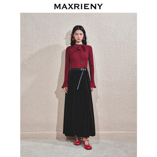 MAXRIENY浪漫复古感A字丝绒半裙24冬新款法式赫本风高腰长裙修身(货号:MS85SK509) 商品图0