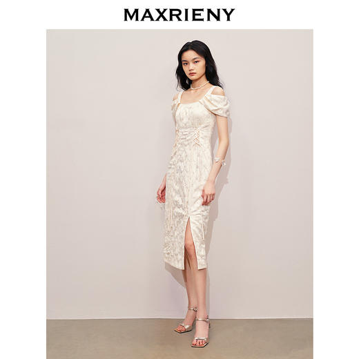MAXRIENY复古优雅气质感收腰开叉钉珠连衣裙(货号:MS85DR073) 商品图1
