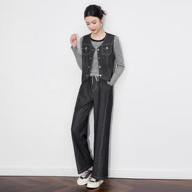 「高货wl」全新升级【铂金会员404/天猫549/差价145】(99828)洛诗琳休闲时髦松弛牛仔马甲条纹长袖T恤阔腿长裤三件套