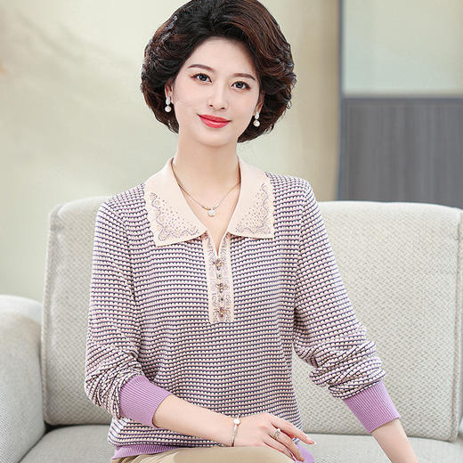 W106-9015-55-108中老年妈妈秋装条纹打底衫长袖上衣40-50岁中年女士针织翻领毛衣 商品图0