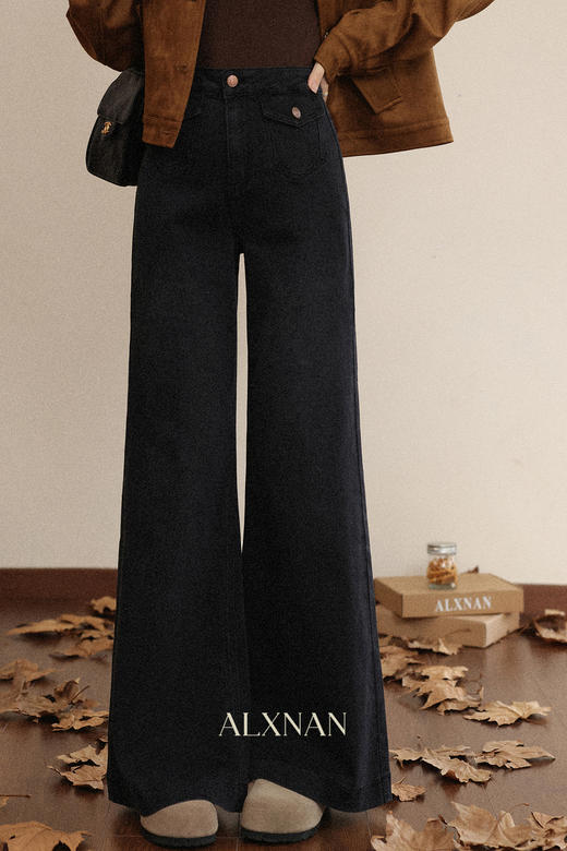 鹿向南「馥郁玫瑰」黑色休闲宽松阔腿牛仔裤女早秋新款显瘦长裤女 商品图5