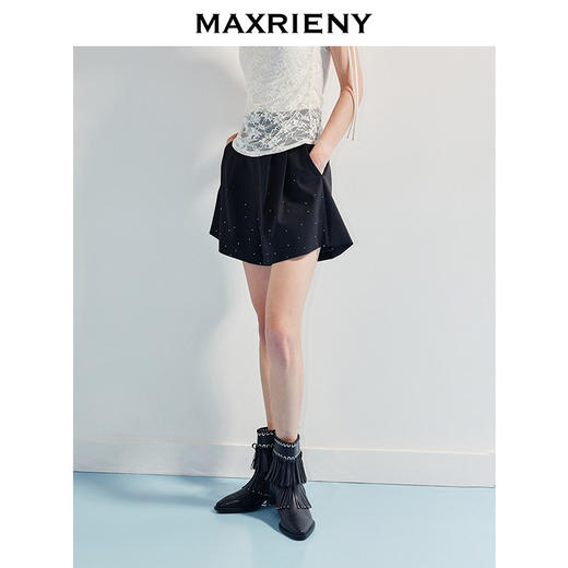 MAXRIENY精致日常感黑色a摆压褶短裤女通勤风a型裙裤高腰宽松(货号:MF86PA005) 商品图2