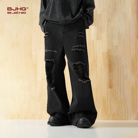 BJHG不计后果直筒牛仔裤美式复古水洗做旧破洞宽松阔腿裤