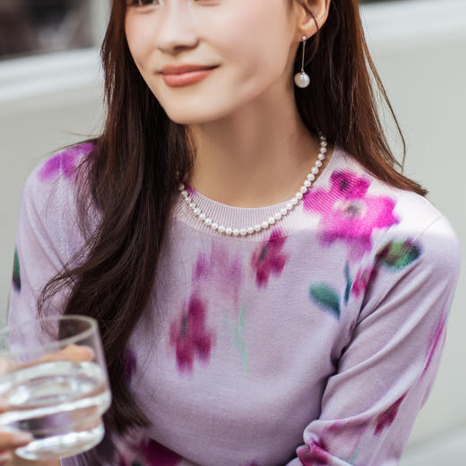 【林栖设计小店】木槿紫听风系列绵羊毛织上衣粉色印花显瘦气质长袖2025秋冬新款针织1954025 商品图3