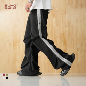 BJHG不计后果春美式拼色织带休闲裤子男潮梭织长裤阔腿堆叠伞兵裤