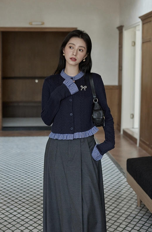 miu感假两件拼接荷叶边针织弹力开衫送胸针 商品图10