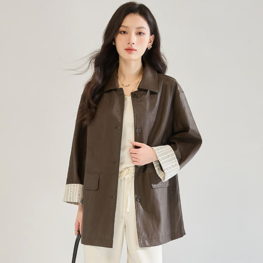 「高货sh」全新升级【铂金会员477/天猫639/差价162】(04445)洛诗琳时尚条纹拼接皮衣2025秋季复古翻领百搭风衣外套女 商品图2