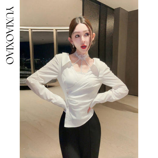 余潇潇【月光诱惑】时尚精致蕾丝花边手工钉珠收腰绑带衬衫两件套 商品图4