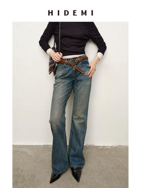 HIDEMI 都市单宁系列猫须水洗做旧感显瘦中低腰喇叭牛仔裤长裤