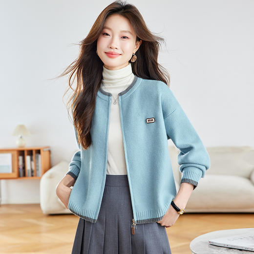 早秋双拉链短款针织开衫，宽松慵懒风毛衣外套拼色上衣CC-22-2713 商品图1