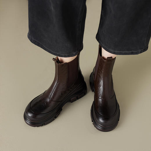 阿么手工女鞋秋冬百搭英伦风烟筒靴厚底4CM时尚真皮短靴女不累脚 商品图2